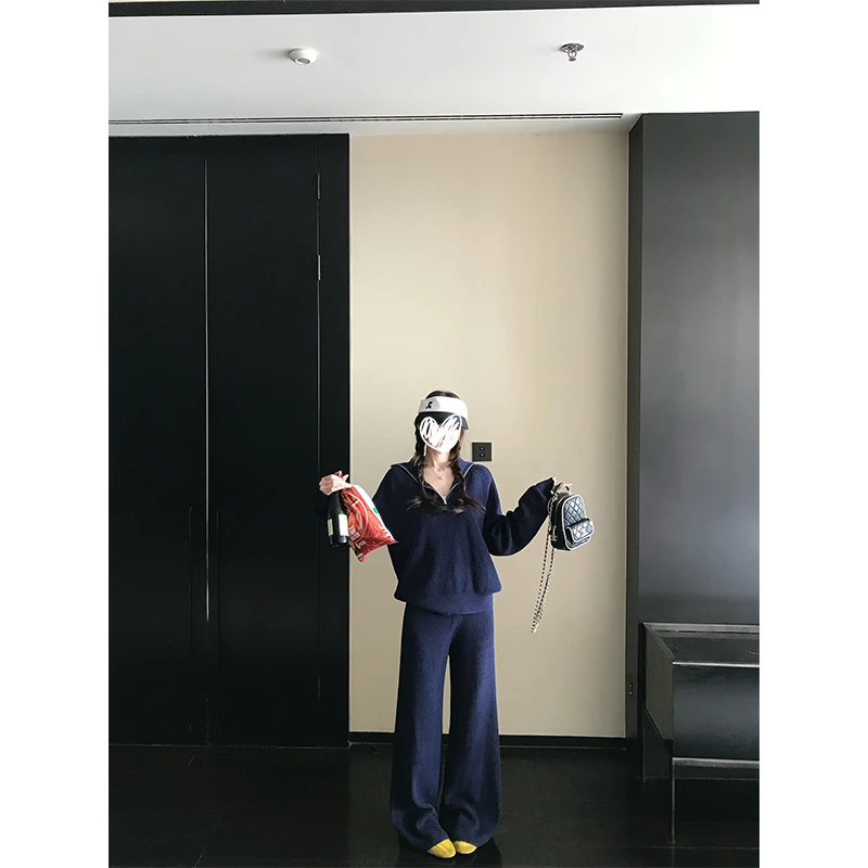早秋季韩系穿搭一整套毛衣针织衫高腰休闲阔腿裤慵懒风两件套女装