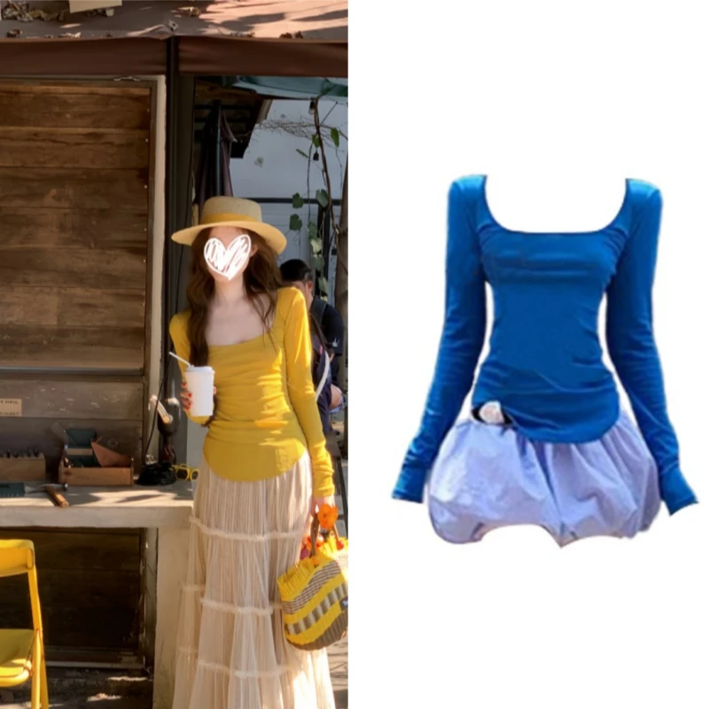 艺等2025年春夏修身显瘦清透色纯欲U领长袖打底衫收腰性感上衣潮