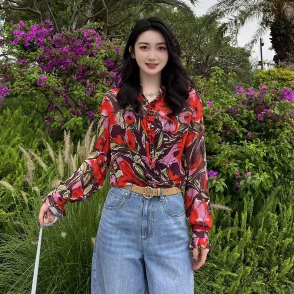 【专柜品质】夏季新款时尚碎花系带雪纺短款防晒衬衫5300285