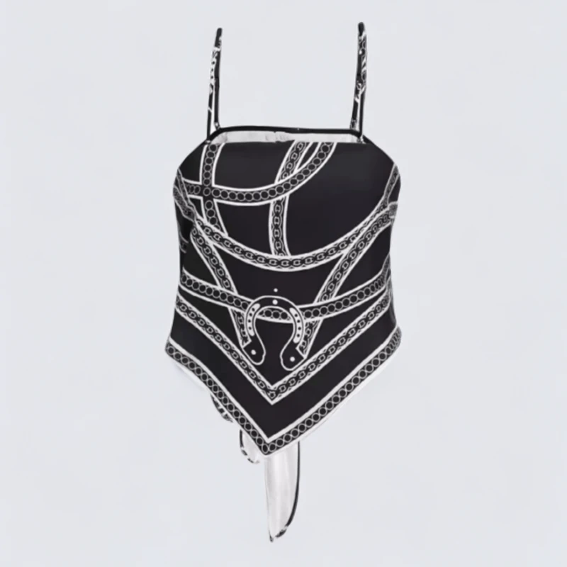 KS丨ON25春夏新款随性慵懒复古印花设计绑带丝巾吊带雪纺衫女W006