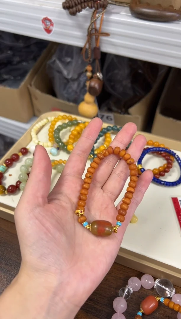 未镶嵌蜜蜡手链磨砂老蜜蜡南红顶珠款手链[0778]