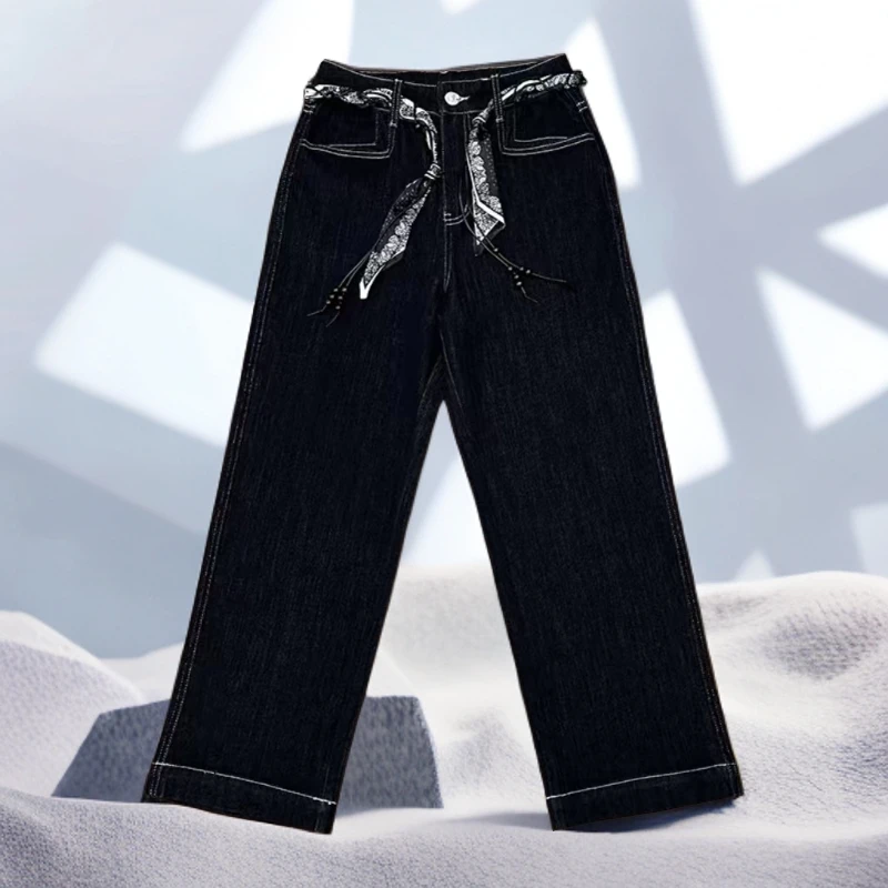 秋季高腰九分窄版时尚休闲百搭直筒牛仔裤女黑金丹宁 送丝巾腰带