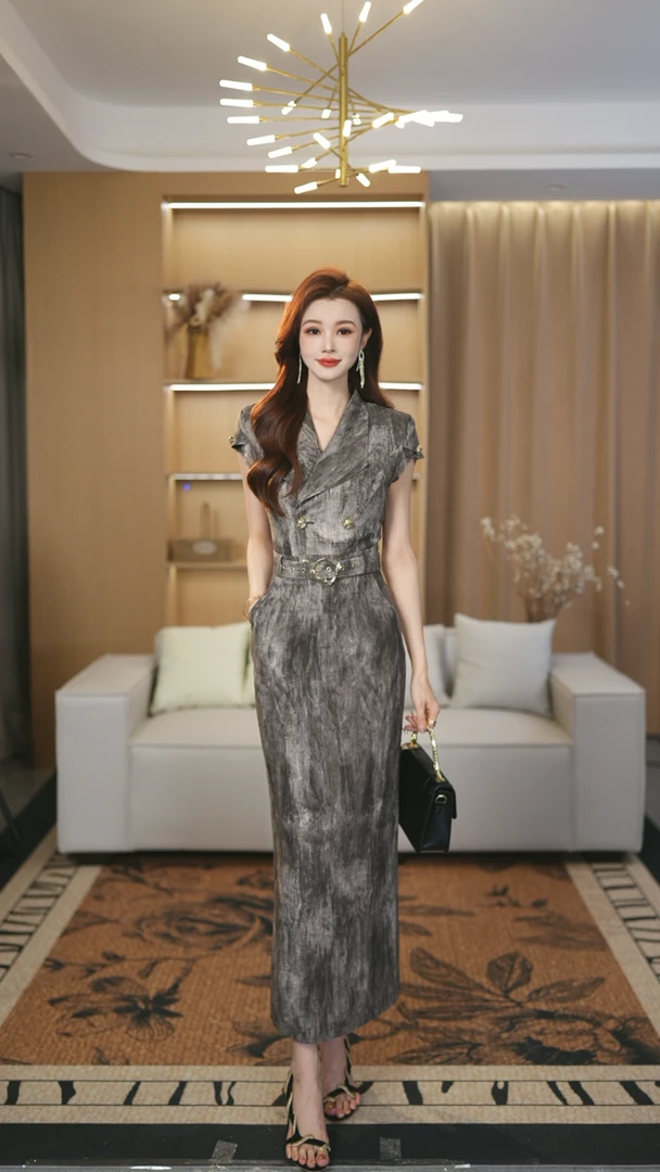 罗曼湾湾 显瘦气质时尚夏季复古中式中长款修身连衣裙女