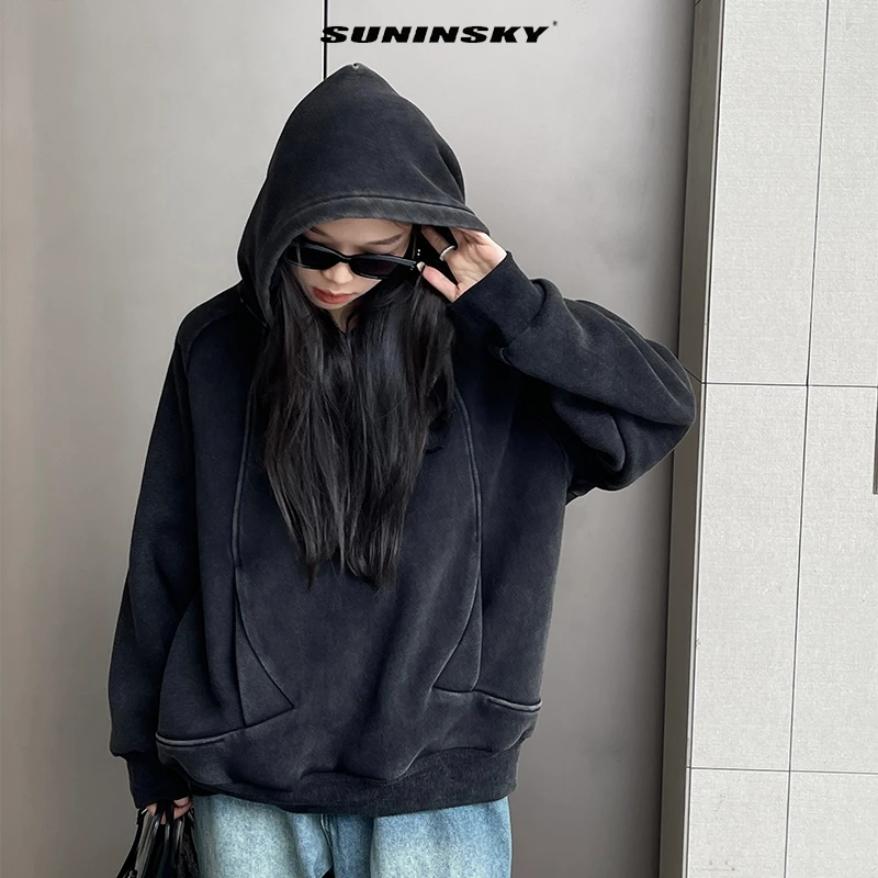 做旧洗水慵懒风卫衣加厚刺绣字母加绒连帽卫衣-K312006