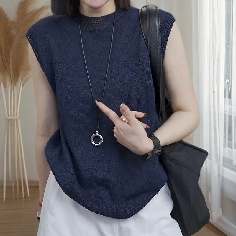 韩版极简风纯色圆领无袖轻薄针织衫夏季新款休闲显白百搭套头上衣