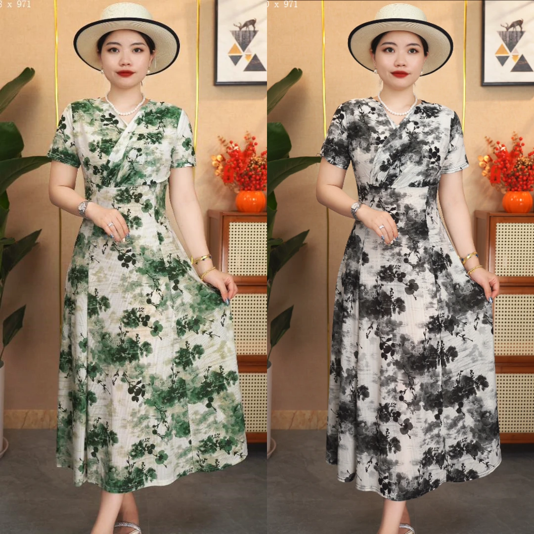 2025新款高腰斜领设计妈妈连衣裙冰凉丝滑透气不黏身收腰大摆裙