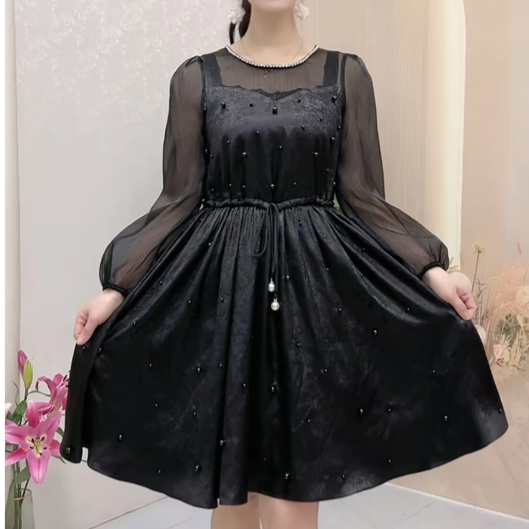 2025年春季新款九分袖钉珠时尚简约气质可收腰显瘦连衣裙48006