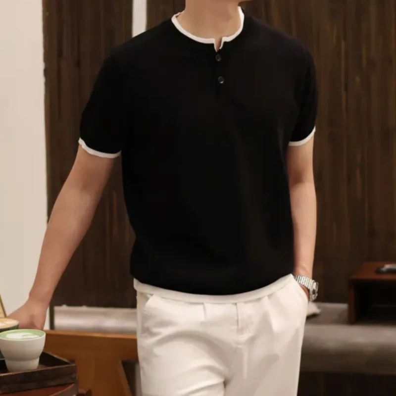 夏季男士意式格调亨利领拼接假两件INS简约百搭针织短袖T恤男