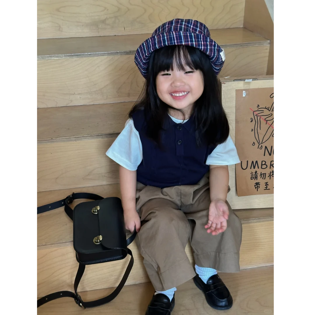 壹妈童装儿童时髦套装新款洋气男女通学院风背心纯色短袖打底长裤