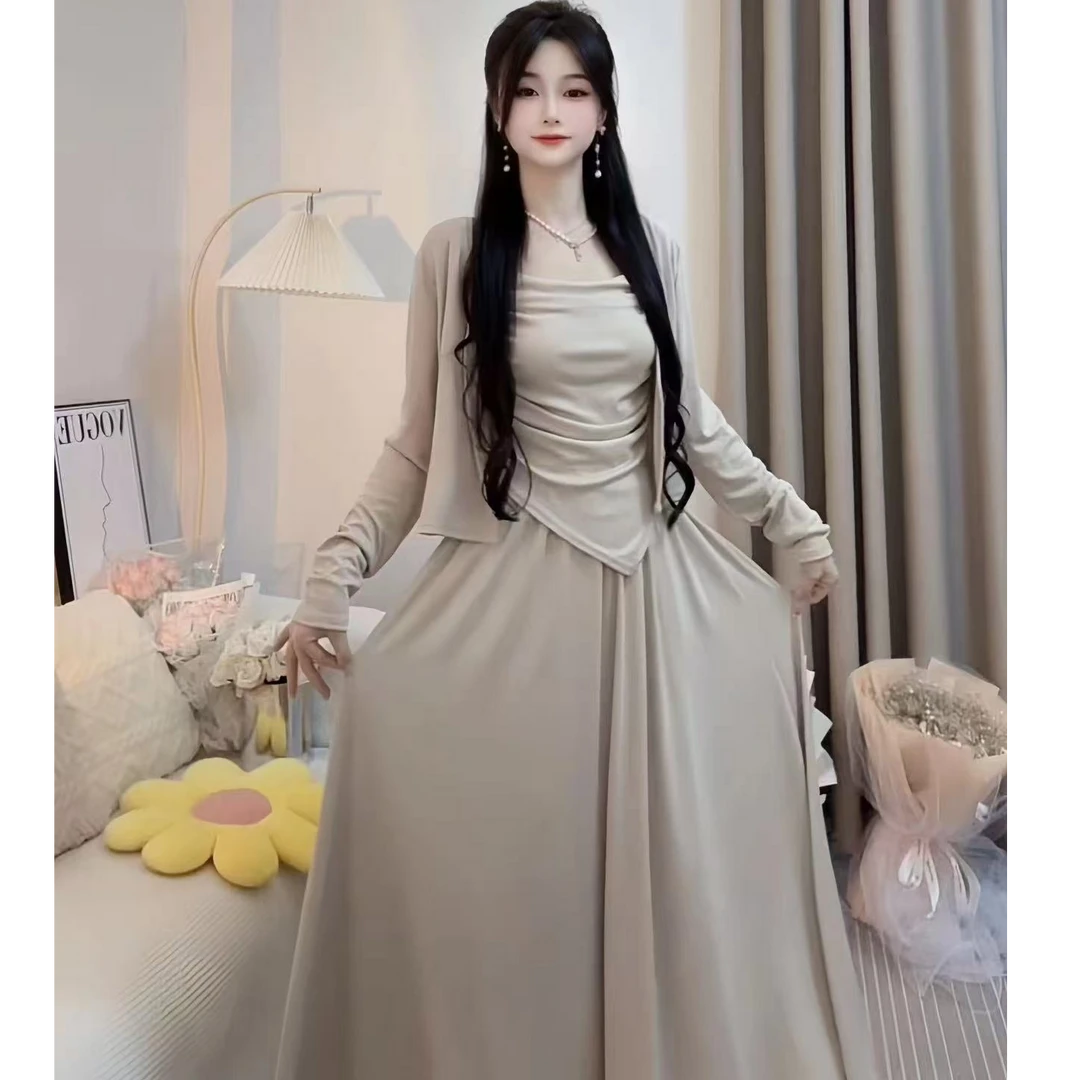 K春秋新款秋季时尚显瘦修身收腰温柔复古气质法式仙气裙子三件套