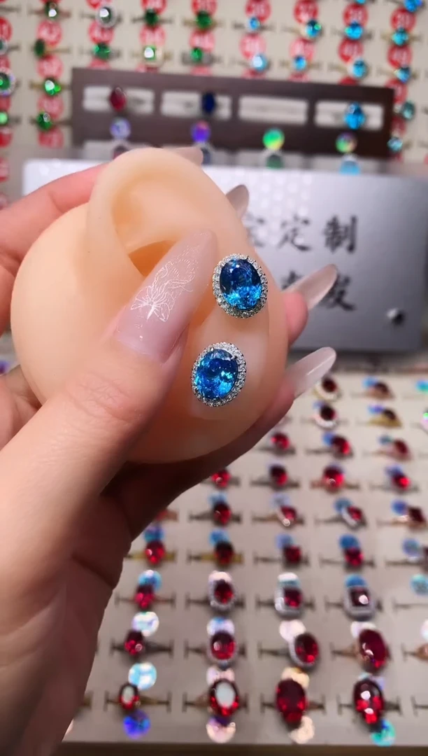 银S925镶嵌耳钉海蓝宝石8*10 银托
