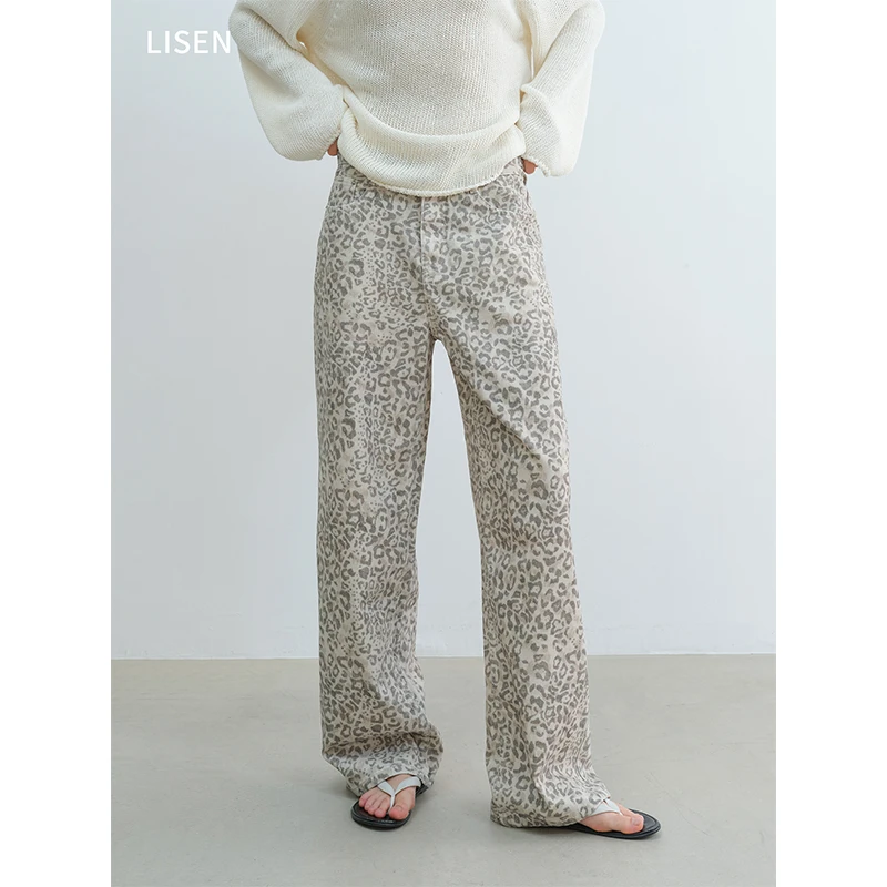 离森美式豹纹复古水洗纯棉牛仔直筒裤低调休闲显腿长直款裤