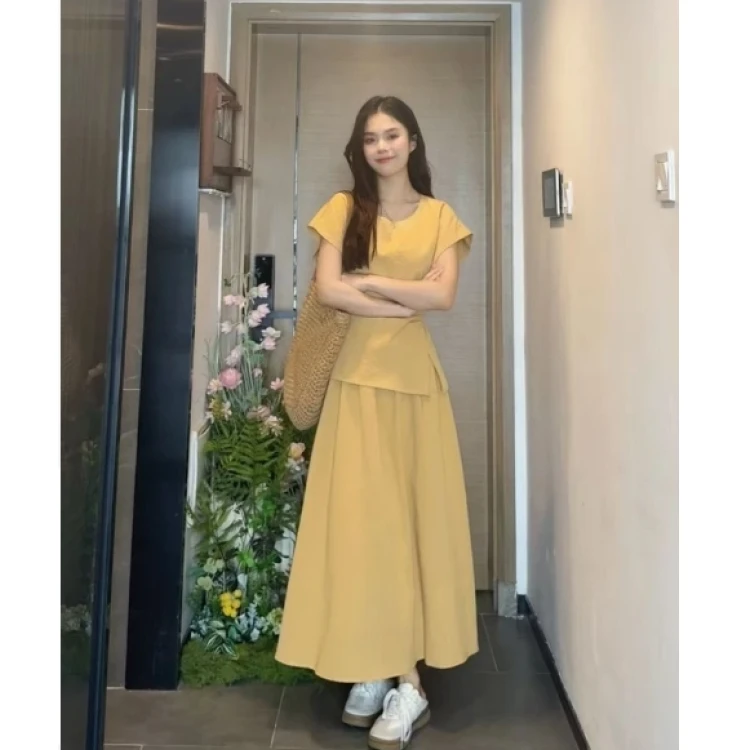 【时髦模范生】知性姐姐穿搭~系带收腰上衣+半身裙夏季时尚显瘦套装