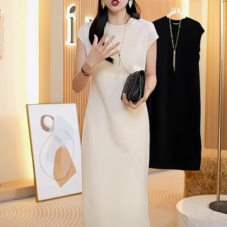 高级感宽松遮肉短袖纯色T恤裙子2025夏装气质显瘦长款开叉连衣裙
