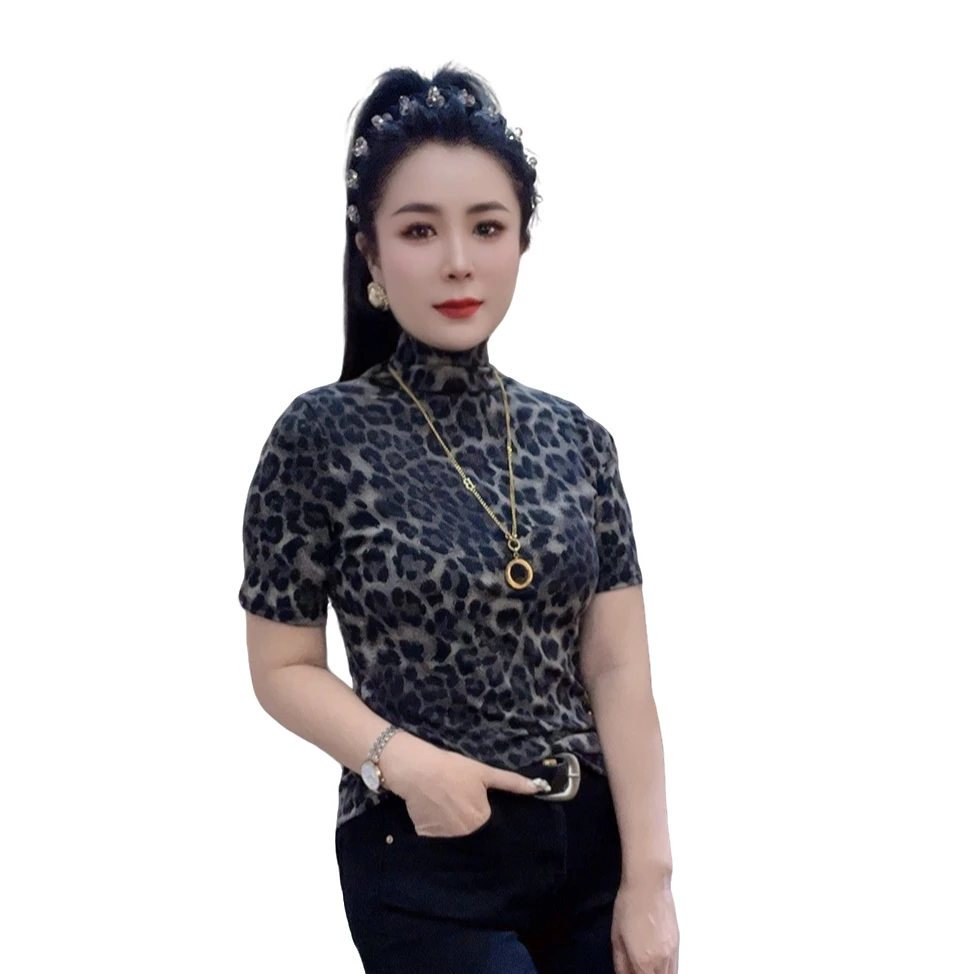 莉丽佳8708款女装秋季短袖高领豹纹打底衫精品上新修身时尚洋气版