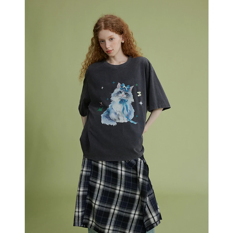 猫酱紫 猫咪兔子印花T恤女2025夏新款设计感宽松短袖流行时尚上衣