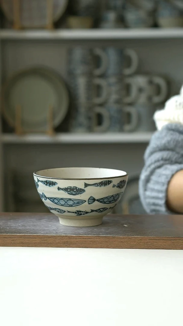 粗陶手绘鱼群赶海米饭碗12cm@7-7@