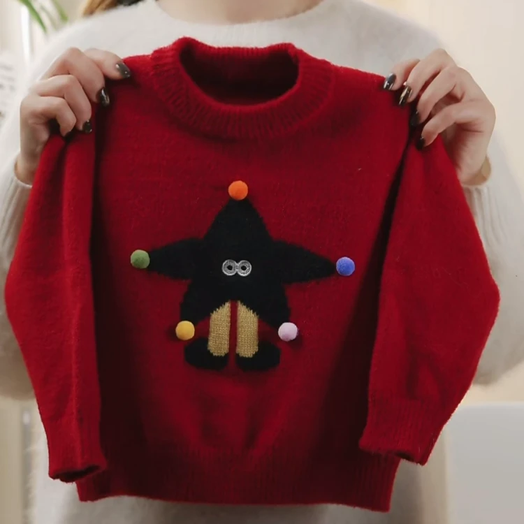 儿童红色毛衣2025新款秋冬季男女孩卡通圆领套头上衣