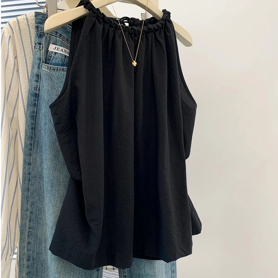黑色露肩挂脖娃娃衫无袖小背心衬衫女夏季2025新款法式设计感上衣