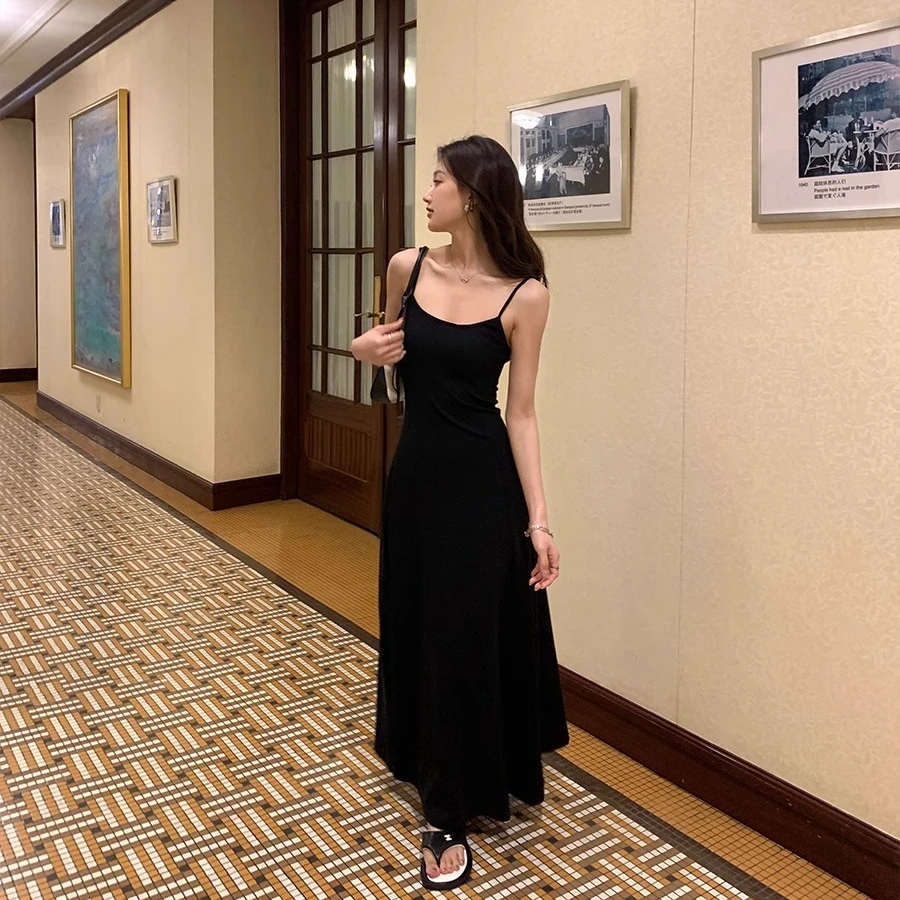 夏季新款修身显瘦性感黑色吊带连衣裙法式百搭纯棉无袖高级长裙子