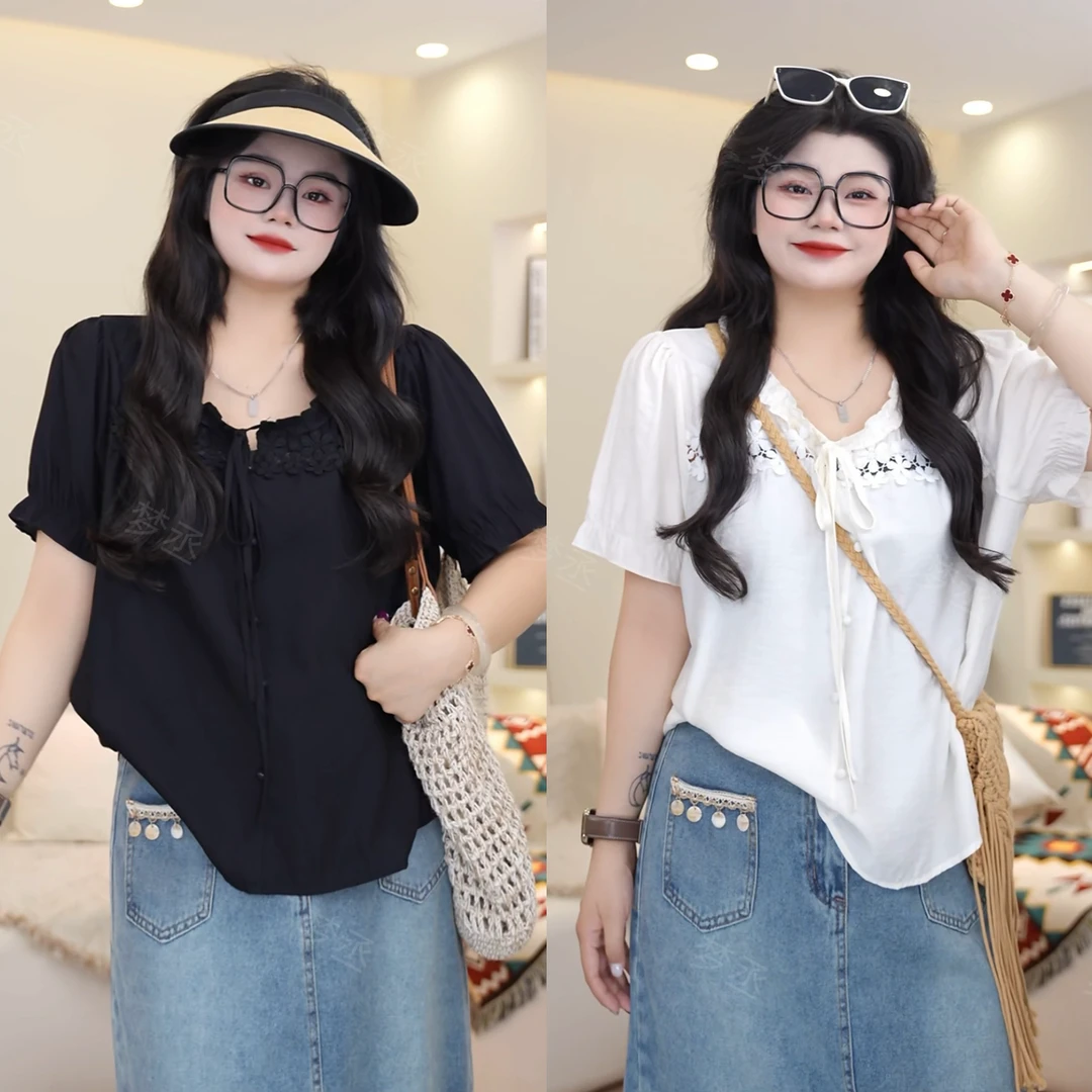 梦丞-大码女装夏季法式设计感花边镂空蕾丝显瘦遮肉短袖上衣T恤女