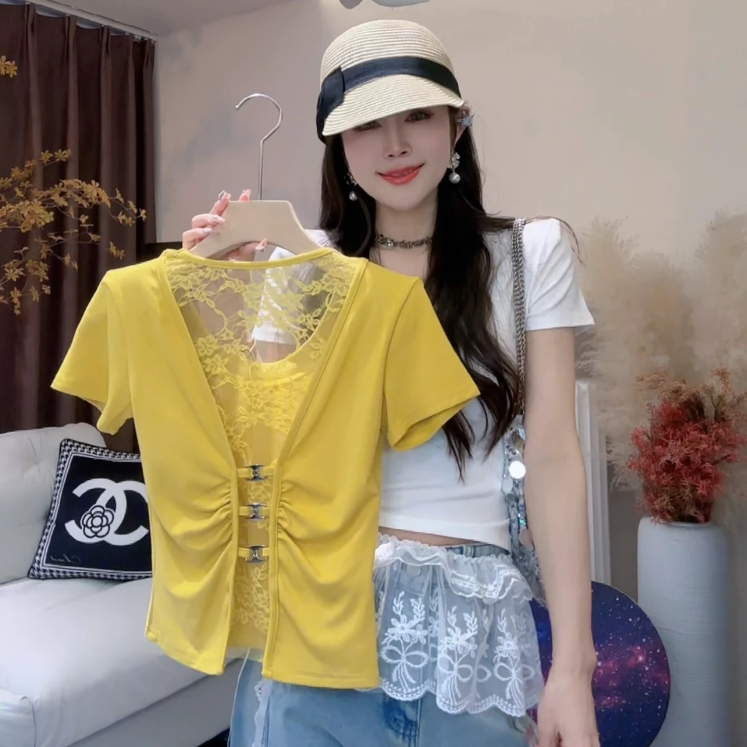 L.X韩系辣妹纯欲风皱褶后背蕾丝拼接修身显瘦时髦性感短袖T恤6197