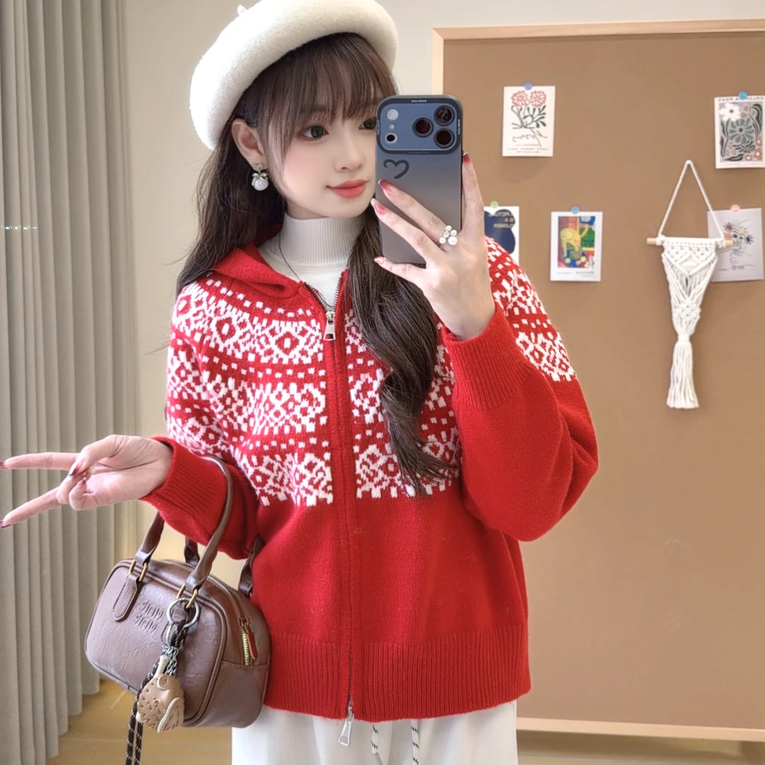 西米家【费尔岛】小个子复古连帽红色毛衣费尔岛新年针织开衫2185