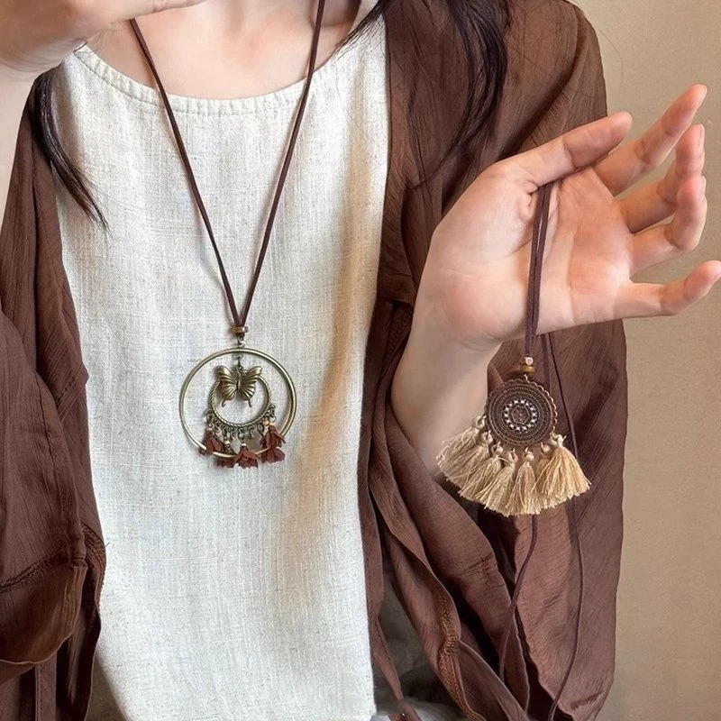 合金皮质吊坠 异域蝴蝶~波西米亚捕梦网流苏项链女新中式复古小众