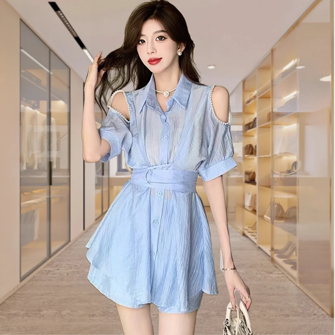 【4195人收藏】天丝大码女衬衫小个子新款钉珠套装宽松露肩时尚防晒