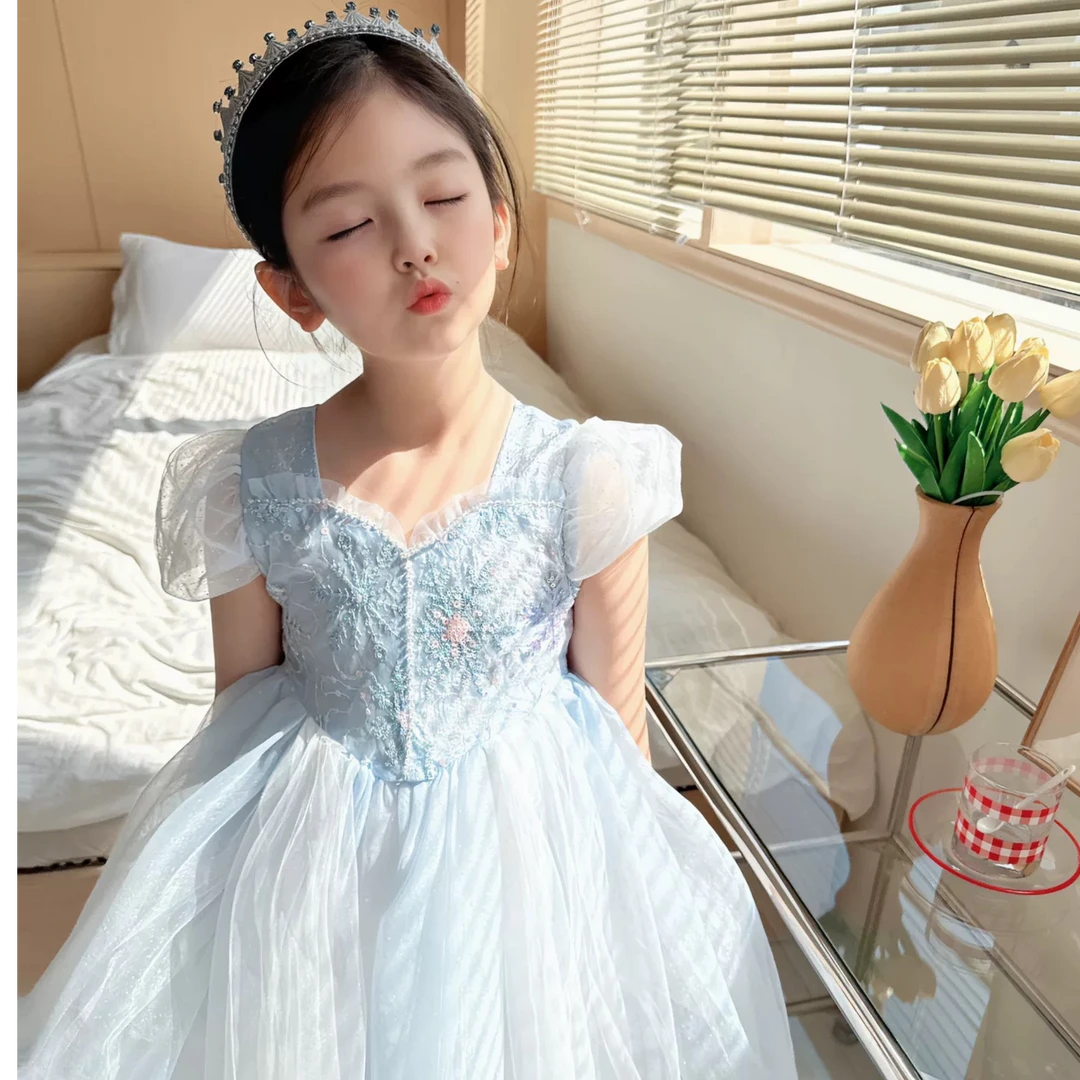 女童连衣裙夏季新款网红艾莎刺绣小礼服裙甜美女孩网纱公主裙