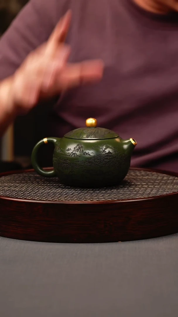 茶壶紫砂绿泥 西施 描金