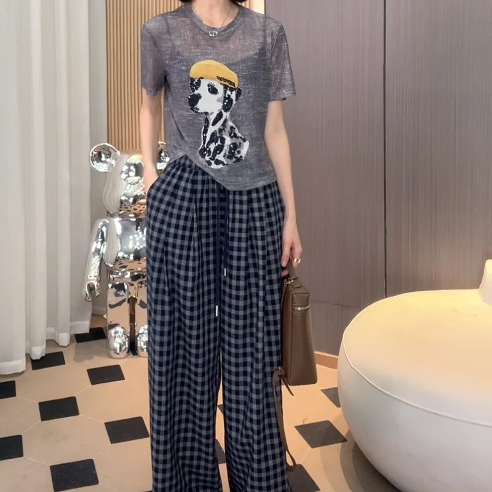 春夏''斑点狗‘’戴帽亮片设计百搭休闲显瘦减龄短袖+休闲裤裤子
