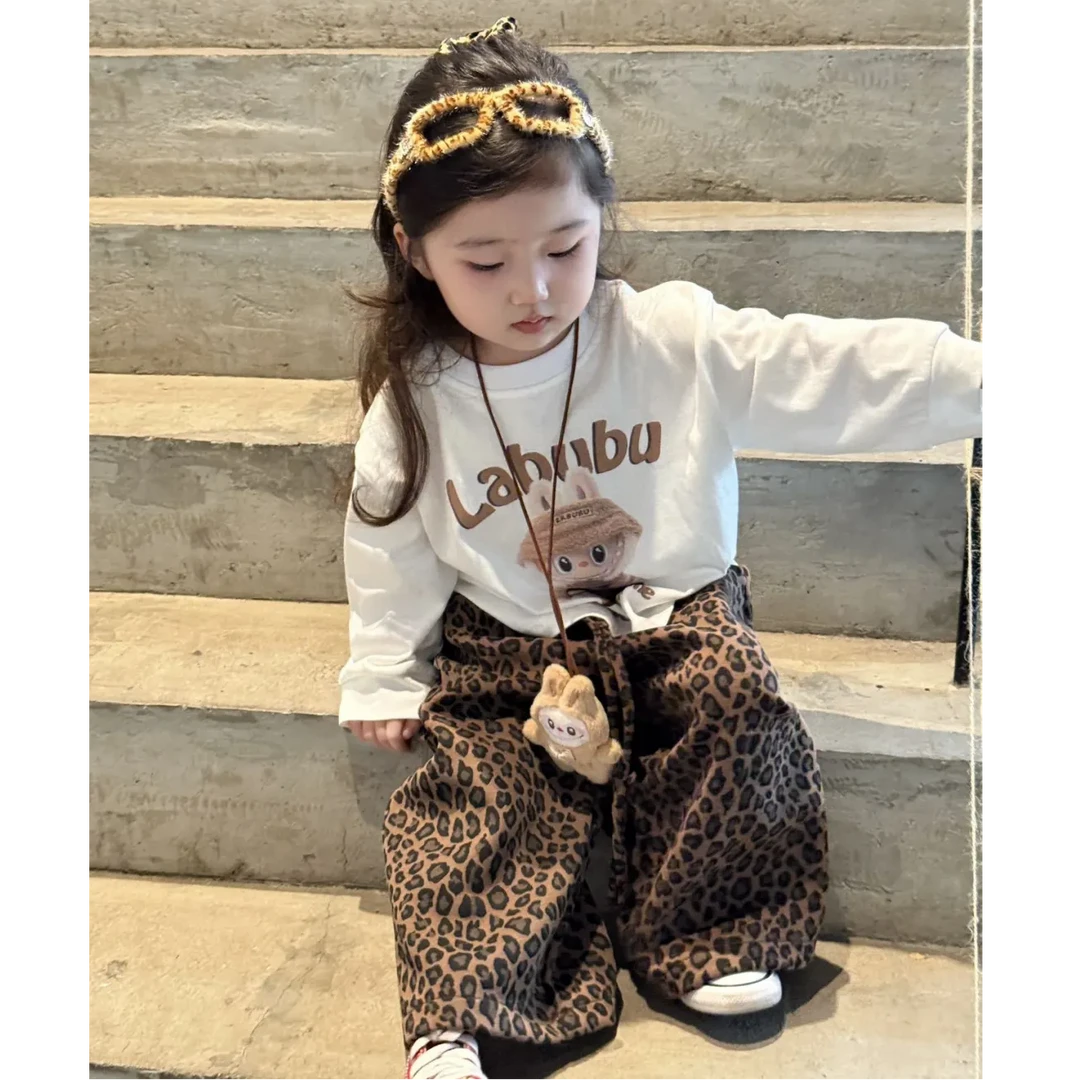壹妈童装女童潮酷穿搭秋季套装新款洋气女宝休闲印花长袖豹纹裤子