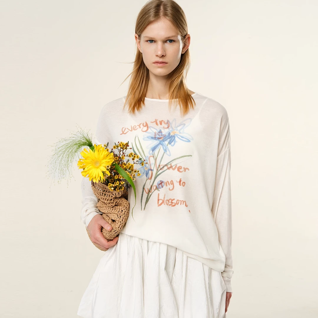 ATRY羊毛薄款防晒罩衫透气长袖女松弛慵懒感花卉圆领微透凉感上衣