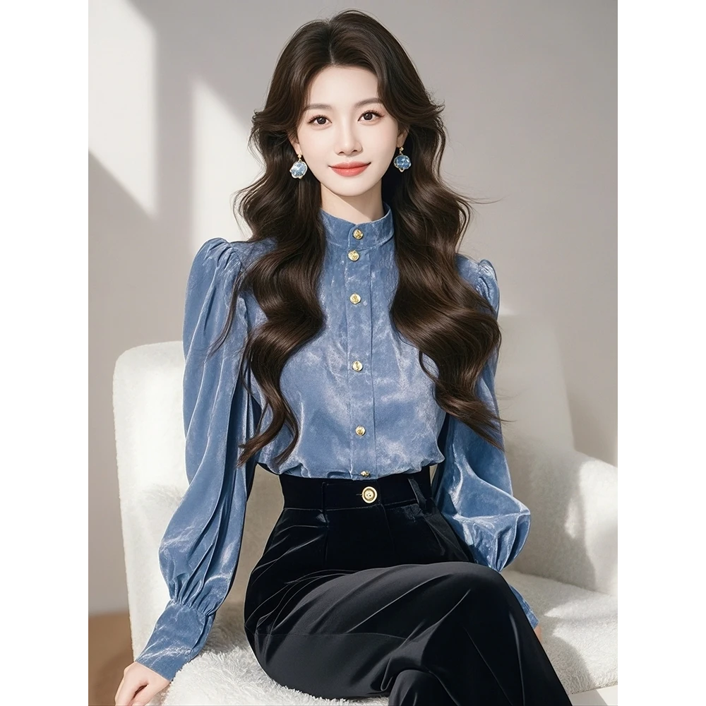 法式丝绒气质蓝色衬衫女秋冬新款轻奢高级感秋冬穿搭内搭叠穿衬衣