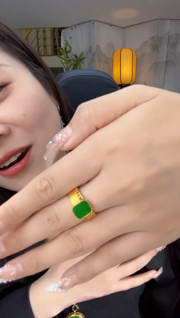 【闪购商品】翡翠戒指银S925镀金镶嵌天然缅甸翡翠A货戒指