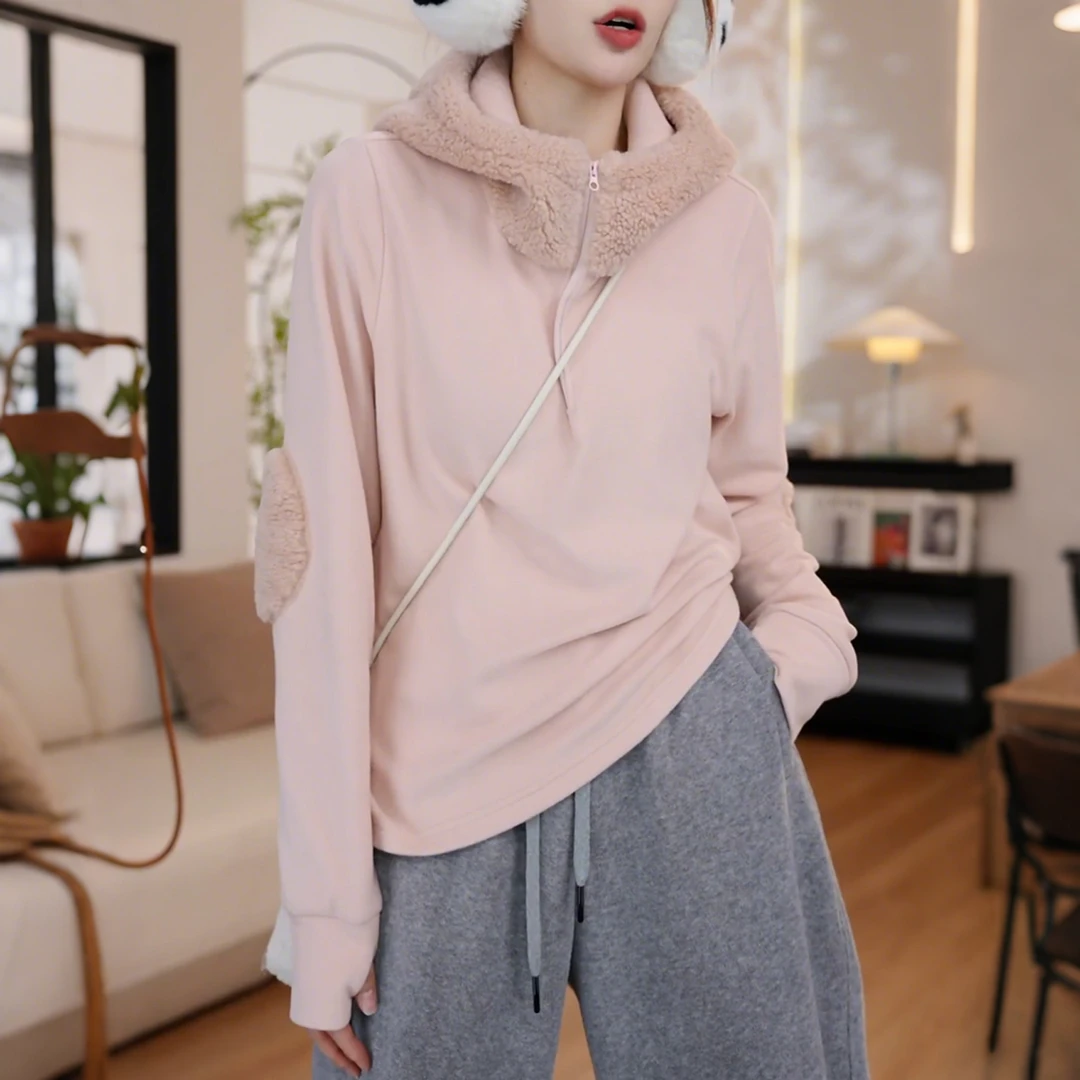 羊羔毛拼接半拉链连帽卫衣女秋冬设计感双面德绒宽松显瘦保暖上衣