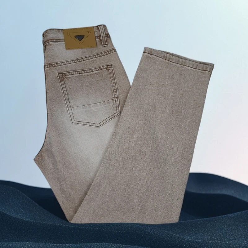 巴赛娜缇男士时尚牛仔裤夏季薄款宽松直筒复古水洗简约卡其色长裤