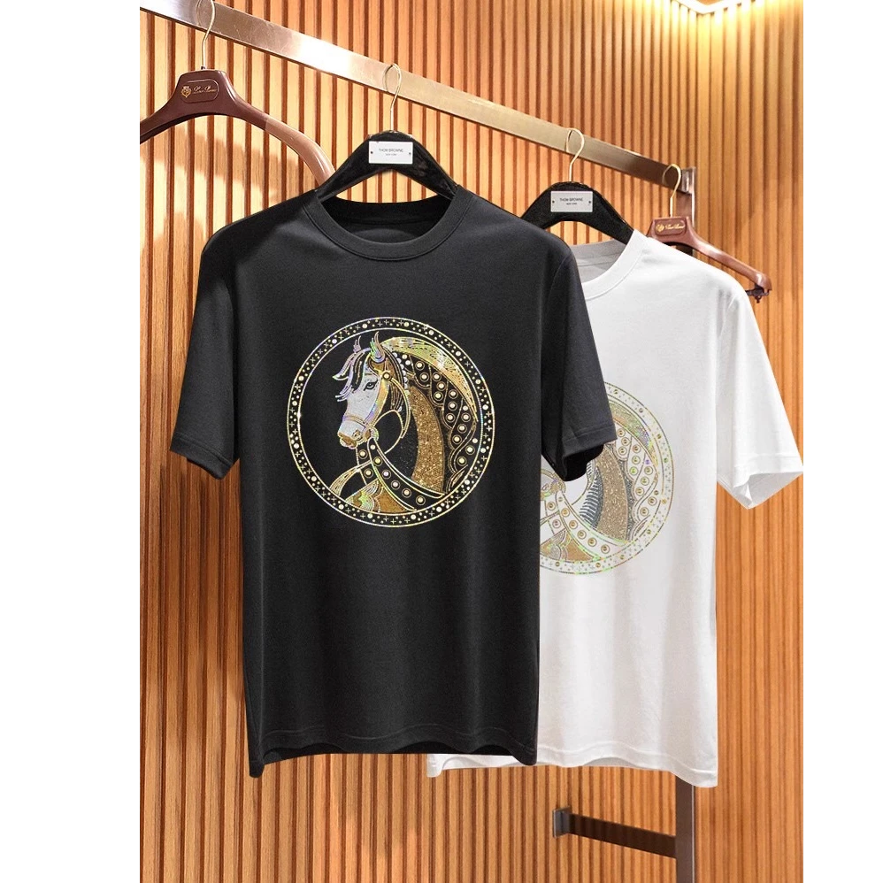 莫安摩萨利潮牌2025夏季新款短袖T恤男士潮牌烫钻印花圆领体