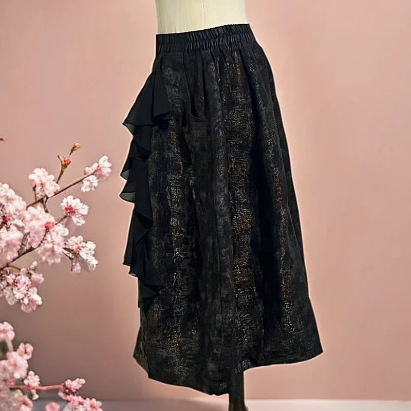 【夏沫雨笙】高端定制咖色百搭，拼接飘纱气质复古国风花苞裙XM24119