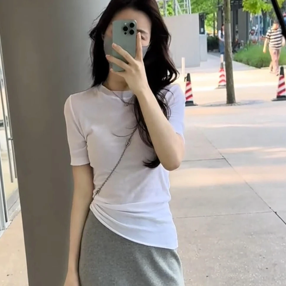 韩系修身正肩短袖t恤女夏季显瘦圆领薄款微透上衣雪花棉百搭小衫