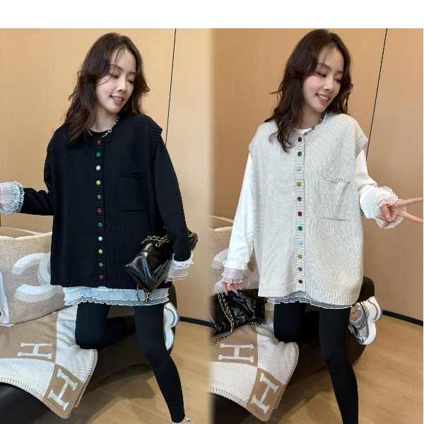 二姐的宝藏春秋设计感宽松外穿无袖叠穿圆领开衫针织马甲#25010