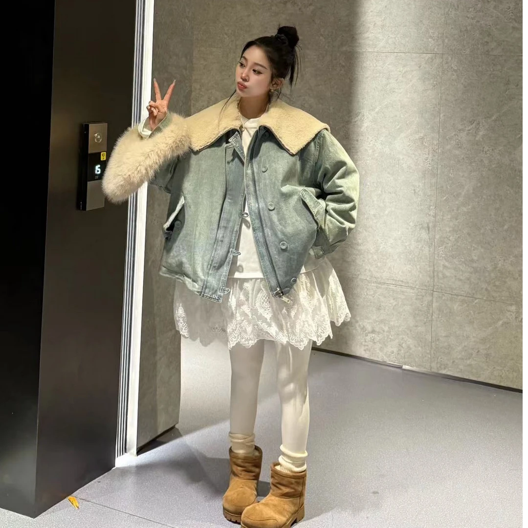 宠儿【2025冬季韩版大领复古减龄牛仔夹克羽绒服】