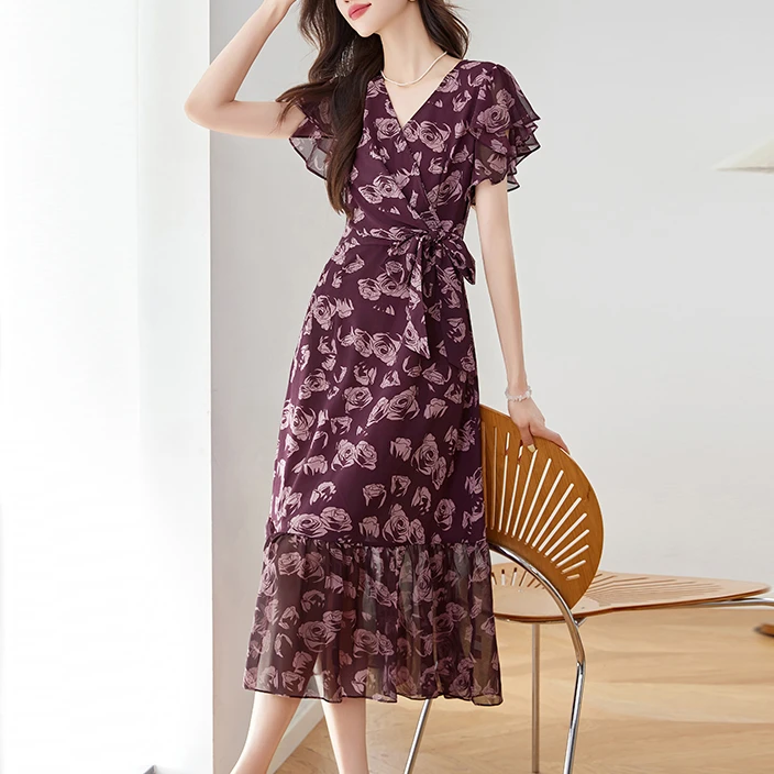 礼服方领长裙连衣裙V领印花碎花法式碎花收腰A字裙显瘦裙子气质