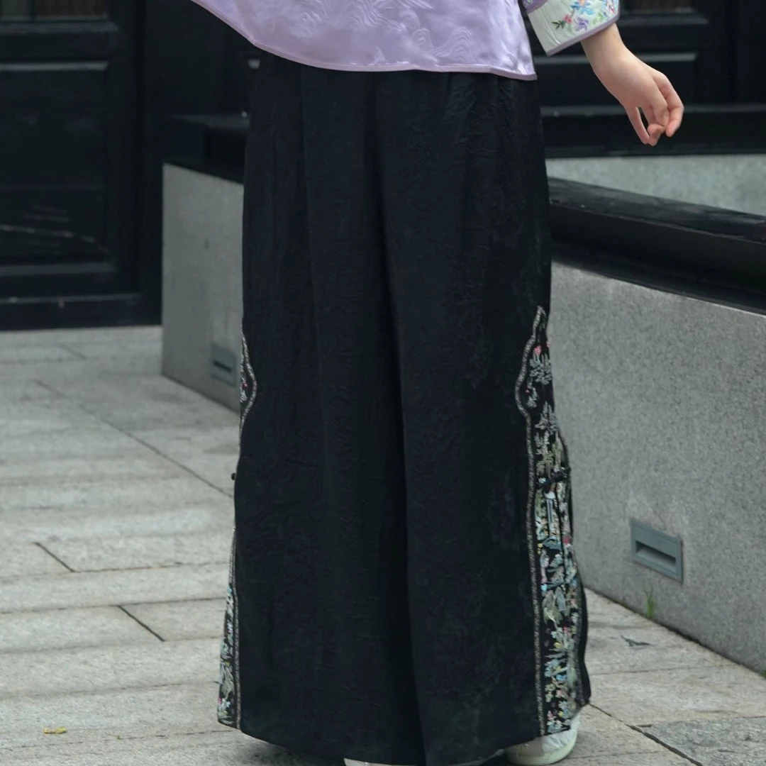 [清欢] 2024夏季新中式国风直筒宽松阔腿裤刺绣绣花裤子