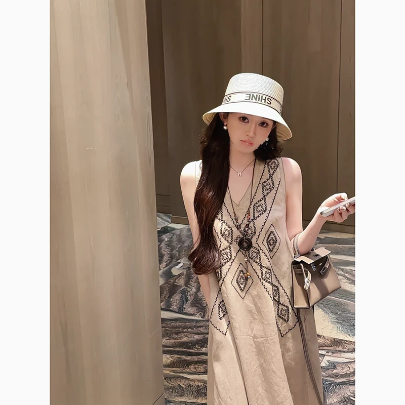 【有里布】复古连衣裙女2025夏新款显瘦气质通勤长裙子D2724