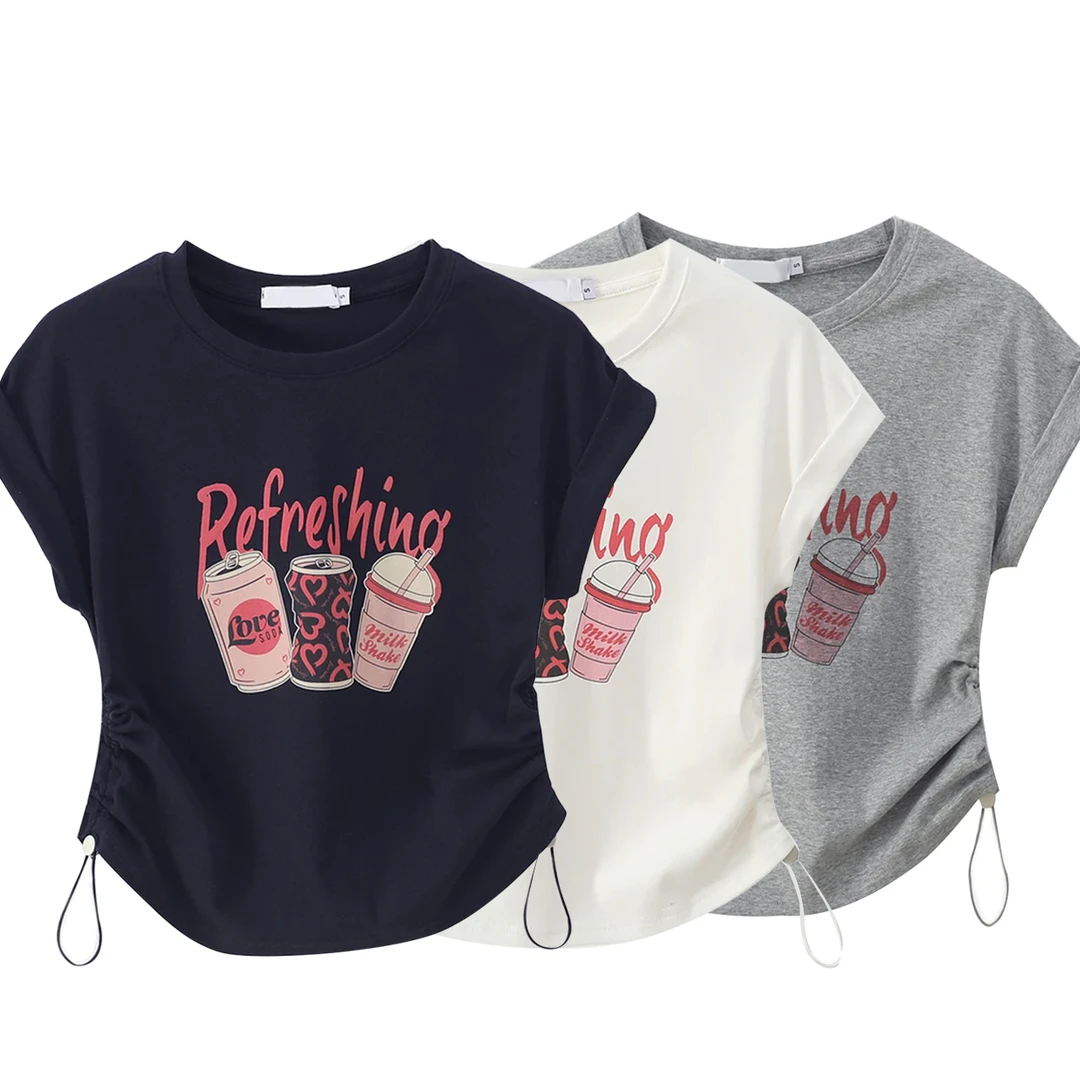 微胖女生时尚百搭印花短袖夏季抽皱收腰显瘦圆领正肩T恤韩版