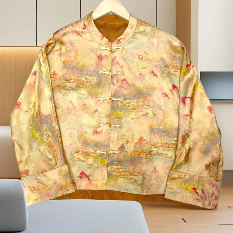 061新中式黄色百搭春夏季重工时尚ins长袖上衣提花唐装复古中国风