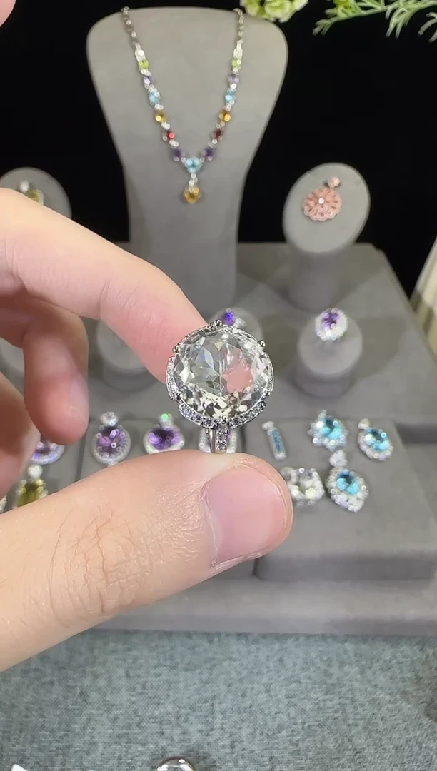 水晶戒指银S925镶嵌12mm白水晶戒指