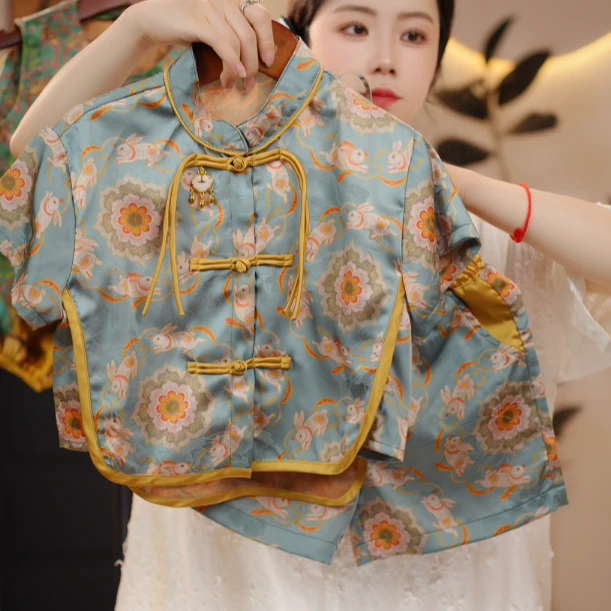 【Baby】新款中国风复古夏季时尚新中式玉兔短袖衣服时髦8558